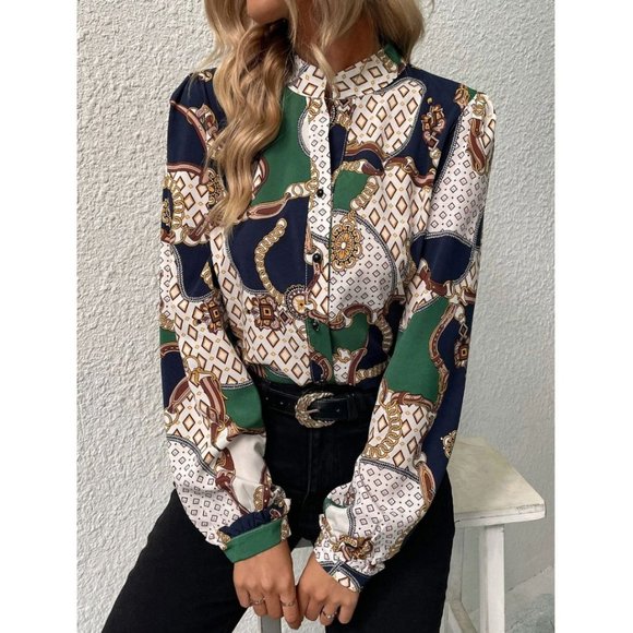 Tops - Chain Print Button Down Blouse